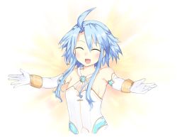 Rule 34 | 1girl, ^ ^, ahoge, blanc (neptunia), blue hair, blush, closed eyes, closed eyes, four goddesses online: cyber dimension neptune, gloves, halterneck, leotard, long hair, looking at viewer, neptune (series), open mouth, power symbol, short hair with long locks, sidelocks, smile, solo, symbol-shaped pupils, white heart (neptune)