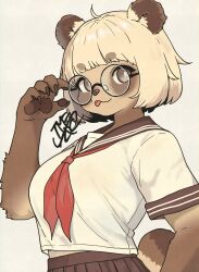 Rule 34 | 1girl, :3, :p, absurdres, adjusting eyewear, animal ears, animal nose, artist name, blonde hair, blunt bangs, bob cut, body fur, bright pupils, brown eyes, brown sailor collar, brown skirt, closed mouth, commentary, film grain, furry, furry female, glasses, grey background, highres, looking at viewer, neckerchief, original, pawpads, pleated skirt, raccoon ears, raccoon girl, raccoon nose, raccoon tail, red neckerchief, round eyewear, sailor collar, school uniform, serafuku, shirt, short hair, short sleeves, signature, simple background, skirt, solo, symbol-only commentary, tail, tanuki, thick eyebrows, tomochiso, tongue, tongue out, white pupils, white shirt