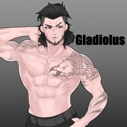 Rule 34 | 1boy, abs, absurdres, arm behind head, asha, belt, black hair, black pants, brown eyes, character name, collarbone, commentary request, final fantasy, final fantasy xv, gladiolus amicitia, gradient background, grey background, grey belt, highres, male focus, medium hair, muscular, muscular male, nipples, pants, pectorals, shoulder tattoo, solo, tattoo, topless male, undercut, upper body, v-shaped eyebrows