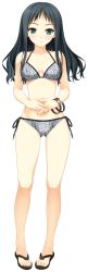 Rule 34 | 1girl, animal print, berry&#039;s, bikini, black footwear, black hair, blush, bracelet, breasts, collarbone, flip-flops, green eyes, hashimoto takashi, highres, jewelry, long hair, looking at viewer, makinosawa ena, medium breasts, midriff, navel, print bikini, sandals, side-tie bikini bottom, smile, standing, swimsuit, white bikini, zebra print
