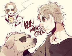 Rule 34 | 1boy, bad id, bad pixiv id, character name, cigarette, coat, dog, dual persona, hand on another&#039;s head, jotman, kain pathos crow, kurogomu, male focus, personification, scp foundation, simple background, smoke, sunglasses