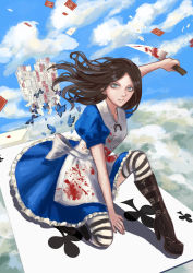 Rule 34 | 1girl, ace (playing card), ace of spades, alice: madness returns, alice (alice in wonderland), alice in wonderland, alice liddell (american mcgee&#039;s alice), american mcgee&#039;s alice, american mcgee's alice, apron, bad id, bad pixiv id, black hair, blood, blood on clothes, bloody knife, boots, bug, butterfly, card, day, dress, green eyes, high heel boots, high heels, highres, insect, janyo, jewelry, knife, necklace, pinafore dress, playing card, sleeveless, sleeveless dress, solo, spade (shape), striped clothes, striped thighhighs, thighhighs