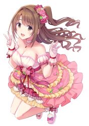 Rule 34 | 1girl, bare shoulders, blurry, blush, bow, breasts, brown eyes, brown hair, choker, cleavage, collarbone, depth of field, detached sleeves, dot nose, dress, dress bow, floating hair, flower, from above, gloves, hair bow, hair flower, hair ornament, hands up, high heels, idolmaster, idolmaster cinderella girls, idolmaster cinderella girls starlight stage, layered dress, long hair, looking at viewer, medium breasts, one side up, open mouth, pink bow, pink choker, pink dress, pink footwear, pink gloves, pink sleeves, red ribbon, ribbon, rose, shimamura uzuki, simple background, smile, socks, solo, strapless, strapless dress, striped, striped bow, teeth, u rin, upper teeth only, w, white background, white socks, yellow flower, yellow rose