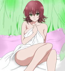 Rule 34 | 1girl, bed sheet, covering privates, green eyes, mikado ryouko, naked sheet, nude, nude cover, pillow, red hair, solo, to love-ru, wrapped in sheets