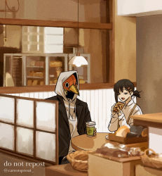 Rule 34 | 1boy, 1girl, beak, black hair, black jacket, bread, carrotsprout, chainsaw man, coffee, coffee cup, collared shirt, cup, disposable cup, dress, food, grey hoodie, higashiyama kobeni, highres, holding, holding food, hood, hoodie, imminent bite, jacket, mole, mole under eye, mole under mouth, multiple moles, one eye closed, open mouth, pinafore dress, plague doctor mask, shirt, short hair, short ponytail, single sidelock, sleeveless dress, violence fiend (chainsaw man), white shirt