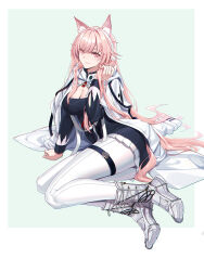Rule 34 | 1girl, absurdres, animal ears, arknights, arm support, black dress, boots, breasts, commentary request, dress, hairband, hand up, highres, holding, holding own hair, large breasts, long hair, long sleeves, looking at viewer, official alternate costume, pantyhose, pink eyes, pink hair, pozyomka (arknights), pozyomka (snowy plains in words) (arknights), shijie jianfa, sitting, smile, solo, spread legs, thighs, very long hair, white footwear, white hairband, white pantyhose, wolf ears