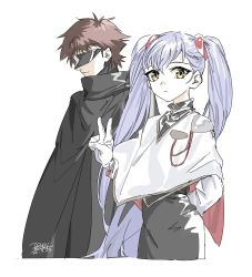Rule 34 | 1boy, 1girl, arm behind back, armor, black cloak, brown hair, character request, cloak, closed mouth, copyright request, dated, gloves, hair between eyes, highres, mask, nao (syn eaa), pauldrons, purple hair, shoulder armor, signature, simple background, single pauldron, sketch, smile, standing, turtleneck, twintails, v, white background, white gloves, yellow-eyed penguin