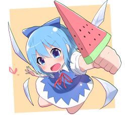 Rule 34 | 1girl, arm up, blue eyes, blue hair, chromatic aberration, cirno, dot nose, food, from above, heart, holding, holding food, kuromu (underporno), looking at viewer, looking up, open mouth, orange background, outside border, popsicle, simple background, solo, touhou, v-shaped eyebrows, watermelon bar, wings