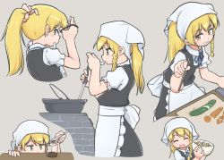 Rule 34 | 1girl, apron, back bow, black skirt, black vest, blonde hair, blue ribbon, blush, bow, bowl, braid, carrot, chopsticks, commentary request, cooking, cucumber, closed eyes, fang, frills, grey background, grin, hair tie, head scarf, highres, holding, holding chopsticks, kirisame marisa, long hair, mouth hold, multiple views, neck ribbon, open mouth, ribbon, shirt, short sleeves, simple background, skirt, smile, spoon, touhou, turnip kabura, vest, waist apron, white bow, white shirt, yellow eyes