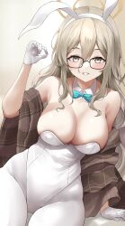 Rule 34 | 1girl, absurdres, akane (blue archive), akane (bunny) (blue archive), animal ears, aqua bow, aqua bowtie, arm support, black-framed eyewear, blue archive, blush, bow, bowtie, breasts, brown shawl, cleavage, detached collar, glasses, gloves, groin, halo, highres, large breasts, lds (dstwins97), leotard, light brown hair, looking at viewer, official alternate costume, pantyhose, playboy bunny, rabbit ears, shawl, smile, solo, white gloves, white leotard, white pantyhose