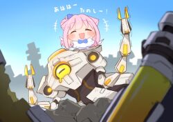 Rule 34 | 1girl, after battle, animal ears, blue archive, blue bow, blush, bow, cat ears, cat tail, chibi, closed eyes, crying, detached wings, happy, hod (blue archive), long hair, mecha, mika (blue archive), pink hair, robot, smile, tail, urode, wings
