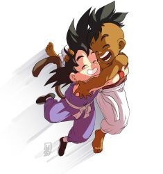 Rule 34 | black hair, dragon ball, happy, highres, hugging each other, smile, son goku, tagme, tail, uub