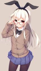 Rule 34 | 10s, 1girl, absurdres, adapted costume, adjusting eyewear, alternate costume, arm behind back, bespectacled, black bow, black bowtie, black pantyhose, blonde hair, blue skirt, blush, bow, bowtie, buttons, cardigan, glasses, glasses day, grey eyes, hairband, hand on eyewear, highres, kantai collection, katoroku, light brown background, long hair, long sleeves, miniskirt, pantyhose, pleated skirt, red-framed eyewear, shimakaze (kancolle), simple background, skirt, solo