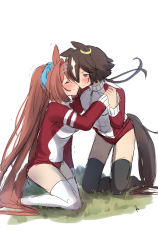 Rule 34 | 2girls, animal ears, black hair, black legwear, blush, closed mouth, commentary request, daiwa scarlet (umamusume), full body, grass, hair over one eye, highres, horse ears, horse girl, horse tail, imminent kiss, jacket, kneeling, long hair, looking at another, multiple girls, poco., red hair, simple background, sketch, tail, thighhighs, tiara, track jacket, twintails, umamusume, vodka (umamusume), white background, white legwear, yuri