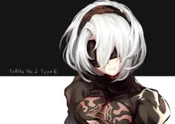 Rule 34 | 1girl, aki663, black blindfold, black hairband, blindfold, breasts, character name, clothing cutout, hairband, mole, mole under mouth, nier (series), nier:automata, puffy sleeves, short hair, simple background, solo, 2b (nier:automata)