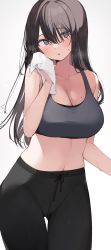 Rule 34 | 1girl, bad id, bad twitter id, black hair, black pants, blush, breasts, breath, cleavage, commentary request, drawstring, grey eyes, hair between eyes, highres, holding, holding towel, large breasts, long hair, looking at viewer, midriff, mole, mole on breast, navel, original, pants, parted lips, shin no tenpii, simple background, solo, sports bra, straight hair, sweat, thigh gap, towel, white background, yoga pants