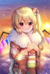 Rule 34 | 1girl, absurdres, alternate costume, blonde hair, cloud, commentary, crystal, fang, fang out, flandre scarlet, floral print, fur-trimmed kimono, fur collar, fur trim, furisode, hair ornament, highres, japanese clothes, kanzashi, kimono, looking at viewer, nene man, no headwear, obi, obijime, one side up, outdoors, print kimono, red eyes, red kimono, sash, sky, smile, solo, sunset, touhou, wings