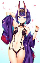 Rule 34 | 1girl, blue eyes, breasts, cherry blossoms, commentary request, cowboy shot, fate/grand order, fate (series), horns, kinosaki reisui, looking at viewer, navel, oni, petals, short hair, shuten douji (fate), simple background, skin-covered horns, small breasts, solo, white background