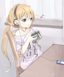 Rule 34 | 10s, 1girl, bare shoulders, blonde hair, chair, clothes writing, cup, curtains, digital media player, futaba anzu, headphones, highres, holding, idolmaster, idolmaster cinderella girls, ipod, listening to music, long hair, musical note, red eyes, shirt, snowflyer, solo, t-shirt, table, twintails, window