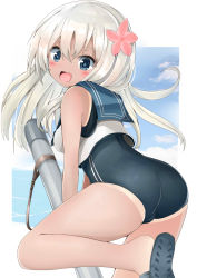 Rule 34 | 10s, 1girl, ass, blue eyes, crop top, fang, from behind, hidaka0503, highres, kantai collection, long hair, one-piece swimsuit, one-piece tan, ro-500 (kancolle), sailor collar, school swimsuit, silver hair, solo, swimsuit, swimsuit under clothes, tan, tanline, torpedo