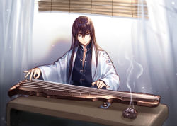 Rule 34 | 1boy, brown hair, closed mouth, curtains, incense, incense burner, instrument, instrument request, kangetsu (fhalei), long hair, long sleeves, male focus, music, original, playing instrument, purple eyes, smoke, solo, upper body, wide sleeves