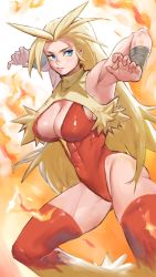 Rule 34 | 1girl, abs, annie lyce, arm wrap, arms up, blaziken, blaziken (cosplay), blonde hair, blue eyes, breasts, cleavage, cosplay, covered navel, creatures (company), fire, game freak, gen 3 pokemon, highleg, highleg leotard, highres, humanization, large breasts, legs apart, leotard, long hair, looking at viewer, muscular, muscular female, nintendo, orange background, personification, pokemon, solo, thighhighs, wide hips
