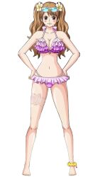 Rule 34 | 1girl, barefoot, bikini, bikini skirt, blue eyes, blush stickers, breasts, brown hair, charlotte pudding, curvy, eyewear on head, flower, flower on head, frilled bikini, frills, full body, large breasts, long hair, navel, official art, one piece, one piece: treasure cruise, shiny skin, solo, standing, sunglasses, sunglasses on head, swimsuit, thong bikini, transparent background, tsundere, twintails, very long hair, wide hips