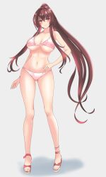 Rule 34 | 1girl, absurdres, bikini, blush, breasts, brown hair, closed mouth, collarbone, floral print, full body, grey background, high heels, highres, kantai collection, large breasts, long hair, looking at viewer, nitamako (sakamalh), pink bikini, pink eyes, ponytail, sandals, sidelocks, simple background, smile, solo, standing, swimsuit, very long hair, yamato (kancolle)