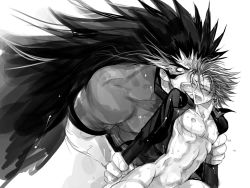 Rule 34 | 00s, 2boys, anal, ass, blush, bottomless, earrings, eyeshield 21, from behind, gaou rikiya, harikonotora, jewelry, long hair, male focus, male penetrated, marco reiji, monochrome, multiple boys, nipples, open clothes, open shirt, shirt, size difference, sweat, tears, text focus, translated, very long hair, yaoi