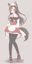 Rule 34 | 1girl, alternate costume, animal ears, apron, black pantyhose, brooch, brown hair, clothes lift, commentary, corset, detached collar, enmaided, flying sweatdrops, frilled skirt, frills, full body, gloves, high heels, highres, imaizumi kagerou, jewelry, lifting own clothes, long hair, maid, maid headdress, pantyhose, pigeon-toed, red eyes, red footwear, red skirt, sakurea, shoes, simple background, skirt, skirt lift, solo, standing, tail, touhou, white gloves, wolf ears, wolf tail