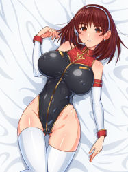 Rule 34 | 1girl, bare shoulders, black leotard, breasts, brown eyes, brown hair, cameltoe, covered erect nipples, covered navel, gluteal fold, gundam, gundam lost war chronicles, headset, highleg, highleg leotard, impossible clothes, kemurin, large breasts, leotard, looking at viewer, noel anderson, shiny clothes, shiny skin, short hair, skin tight, solo, thighhighs, white thighhighs