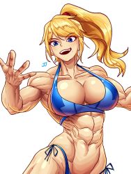 Rule 34 | 1girl, abs, bikini, blonde hair, blue eyes, breasts, cleavage, cleavage cutout, clothing cutout, highres, large breasts, long hair, looking at viewer, metroid, mole, mole under mouth, muscular, muscular arms, muscular female, muscular legs, nintendo, open mouth, samus aran, solo, sparkeyjinjin, swimsuit, thick thighs, thighs, white background