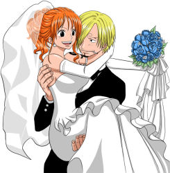 Rule 34 | 1boy, 1girl, bad id, bad pixiv id, blonde hair, bouquet, carrying, cigarette, couple, dress, earrings, elbow gloves, facial hair, flower, gloves, goatee, hair over one eye, jewelry, mustache, nami (one piece), one piece, orange hair, princess carry, sanji (one piece), smile, tattoo, thriller bark, wedding dress, yamadaenako