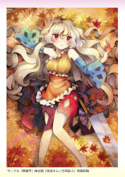 Rule 34 | 1girl, absurdres, autumn leaves, bare legs, blush, cleaver, diamond cutout, dress, highres, leaf, lying, maple leaf, marker (medium), multicolored clothes, multicolored dress, nata (tool), no nose, on back, proton, red eyes, sakata nemuno, single-shoulder dress, single strap, solo, touhou, traditional media, wavy hair, weapon, wide sleeves, wrist cuffs