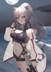 Rule 34 | 1girl, absurdres, akashiro yulice, animal ears, arknights, beach, black scarf, black shorts, blush, breasts, cat ears, cat tail, cleavage, commentary request, cowboy shot, crop top, hand up, highres, holding, holding weapon, jacket, large breasts, long hair, long sleeves, looking at viewer, micro shorts, midriff, navel, night, night sky, ocean, open clothes, open jacket, open mouth, outdoors, scarf, schwarz (arknights), see-through, shorts, silver hair, sky, solo, standing, stomach, tail, thighs, water, weapon, yellow eyes