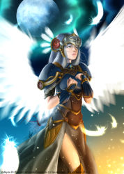 Rule 34 | 1girl, armor, armored dress, blue armor, breastplate, breasts, dog hate burger, feathers, helmet, lenneth valkyrie, long hair, shoulder pads, silver hair, solo, valkyrie, valkyrie profile (series), very long hair, winged helmet, wings
