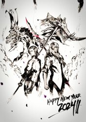 Rule 34 | 2024, 2boys, absurdres, bahamut (final fantasy), chinese zodiac, crossover, dion lesage, dragon, dragoon (final fantasy), elezen, elf, estinien varlineau, fangs, final fantasy, final fantasy xiv, final fantasy xvi, glowing, glowing eyes, green eyes, happy new year, highres, in-franchise crossover, kubaushi, long hair, multiple boys, new year, pointy ears, polearm, red eyes, sharp teeth, short hair, smile, spear, spot color, standing, teeth, vrtra, weapon, year of the dragon