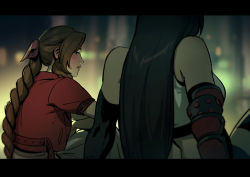 Rule 34 | 2girls, aerith gainsborough, arm guards, black hair, blurry, blurry background, blush, bow, braid, braided ponytail, brown hair, crop top, cropped jacket, elbow gloves, final fantasy, final fantasy vii, final fantasy vii remake, gloves, hair bow, jacket, long hair, looking at another, multiple girls, parted lips, red jacket, rennerei, sitting, suspenders, tank top, tifa lockhart