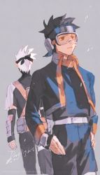 Rule 34 | 2boys, back, black hair, closed mouth, commentary request, daylight919, detached sleeves, forehead protector, from behind, goggles, hands on own hips, hatake kakashi, highres, jacket, konohagakure symbol, looking to the side, male focus, mask, mouth mask, multiple boys, naruto, naruto (series), pants, short hair, uchiha obito, white hair, aged down