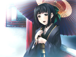 Rule 34 | 1girl, architecture, black hair, bow, brown eyes, cartagra, east asian architecture, hair bow, hatsune (cartagra), japanese clothes, kimono, looking at viewer, oil-paper umbrella, open mouth, ribbon, short hair, simosi, snow, snowing, solo, tears, umbrella, upper body, wallpaper, walpurgisnacht