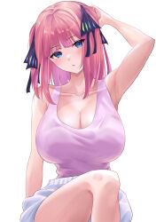 Rule 34 | 1girl, arm up, armpits, bare arms, black ribbon, blue eyes, blunt bangs, breasts, butterfly hair ornament, cleavage, collarbone, go-toubun no hanayome, hair ornament, hair ribbon, head tilt, highres, large breasts, looking at viewer, nakano nino, pink hair, pink tank top, ribbon, short hair, sitting, solo, tank top, two side up, uyufuzi s, white background