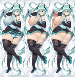 Rule 34 | 1futa, ass, blush, breasts, cleft of venus, curvy, dakimakura (medium), detached sleeves, futanari, gigantic penis, green eyes, green hair, hatsune miku, highres, huge ass, huge breasts, large breasts, long hair, nipples, panties, panty pull, penis, sinensian, skirt, smile, solo, striped clothes, striped panties, thick thighs, thighhighs, thighs, twintails, uncensored, underwear, vocaloid, wide hips