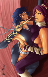 Rule 34 | 2girls, ass, bleach, braid, breasts, dark-skinned female, dark skin, flat chest, highres, large breasts, long hair, multiple girls, open mouth, purple hair, shihouin yoruichi, sui-feng, twin braids, weapon, yellow eyes