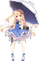 Rule 34 | 1girl, animal print, ascot, bat print, black ascot, black surge night, blonde hair, blue dress, cross, cross print, dress, frilled dress, frills, fufumi, full body, hair ornament, hairclip, holding, latin cross, long hair, official art, one side up, parasol, parted lips, petals, red eyes, single thighhigh, sleeveless, solo, thighhighs, transparent background, umbrella, vampire (black surge night), very long hair, white thighhighs