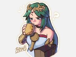 1girl ? artist_logo burger circlet cropped_torso food green_eyes green_hair grey_background highres holding holding_burger holding_food kaze_n0_takuto kid_icarus kid_icarus_uprising logo mcdonald&#039;s nintendo palutena solo vambraces