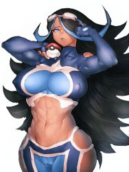 Rule 34 | 1girl, abs, black hair, breasts, cameltoe, cleavage, covered erect nipples, creatures (company), curvy, dark-skinned female, dark skin, elbow gloves, fumio (rsqkr), game freak, gloves, goggles, goggles on head, hair over one eye, hip vent, large breasts, long hair, looking at viewer, navel, nintendo, poke ball, poke ball (basic), pokemon, pokemon oras, shelly (pokemon), shelly (pokemon oras), simple background, skindentation, solo, thick thighs, thighs, toned, white background, wide hips