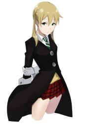 Rule 34 | 1girl, absurdres, blonde hair, closed mouth, gloves, green eyes, green necktie, highres, long hair, long sleeves, looking at viewer, maka albarn, necktie, plaid, plaid skirt, pleated skirt, simple background, skirt, solo, soul eater, striped necktie, suiten, twintails, white background, white gloves