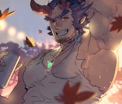 Rule 34 | 1boy, abs, armpits, bara, beard, biceps, black hair, demon boy, drinking, facial hair, fiery horns, highres, horns, jewelry, large pectorals, leaf, long sideburns, looking at viewer, male focus, muscular, necklace, pectorals, red eyes, rybiok, sideburns, smile, solo, stubble, sweatdrop, takemaru (housamo), tank top, tokyo houkago summoners