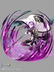 Rule 34 | 1boy, araragi soushi, cape, copyright name, eden fantasia, full body, gloves, grey background, holding, holding staff, long sleeves, looking at viewer, magic circle, male focus, motion blur, official art, purple hair, solo, staff, standing, white cape, white gloves