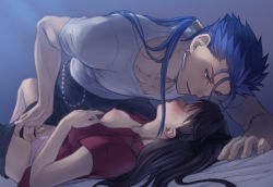Rule 34 | 1boy, 1girl, black hair, black pants, black shorts, blue hair, breasts, breasts out, closed eyes, collarbone, collared shirt, commentary request, cu chulainn (fate), cu chulainn (fate/stay night), earrings, fate/stay night, fate (series), hair ribbon, imminent fingering, jewelry, long hair, looking at another, lying, medium breasts, mondi hl, nipples, on back, panties, pants, parted lips, ponytail, red shirt, ribbon, shirt, short sleeves, shorts, tohsaka rin, underwear, white panties, white shirt